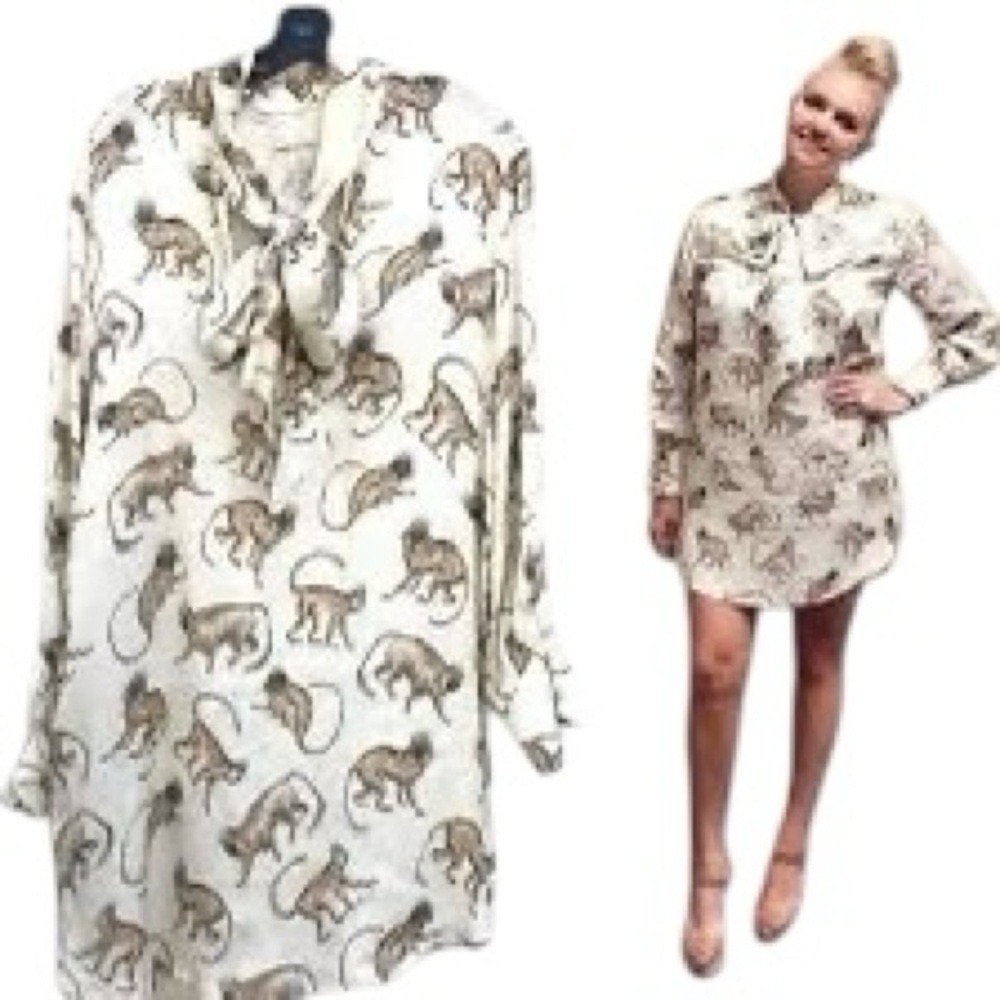 H&M Monkey Print Tie Neck Shift Dress Size 2 Cream Jacquard Rare Discontinued - Picture 5 of 16